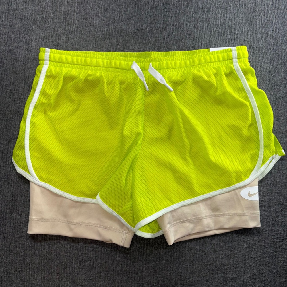 Nike Girls Dri-FIT 2-in-1 Training Shorts Neon Yellow Tan DO7119-321 Size L
